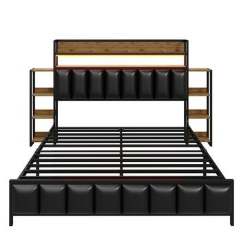 Cama Tapizada 140 X 200 Cm - Polipiel Y Metal - Cabecero Con Almacenaje Y Led - Negro (sin Colchón)