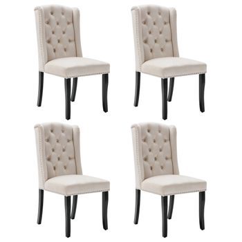 Juego De 4 Sillas De Terciopelo Con Patas De Roble - Decoradas Con Remaches - Beige