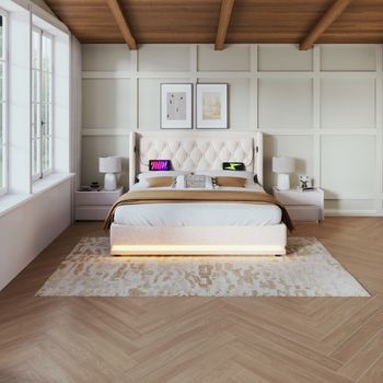 Cama Tapizada Beige De Algodón 140x200 Cm Con Almacenaje Hidráulico, Led Y Usb Tipo C