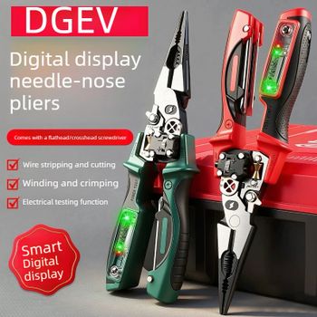 Lápiz medidor multifuncional con pantalla digital para electricistas, con punta de aguja, alicates para cortar y extraer cables, y herramienta para pelar y preparar cables.