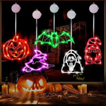 Decoraciones De Halloween Para Interiores: Paquete De 5 Luces De Halloween Con Ventosas (calabaza, Fantasma, Murciélago, Bruja, Gnomo) Para Decoraciones De Halloween Terroríficas.
