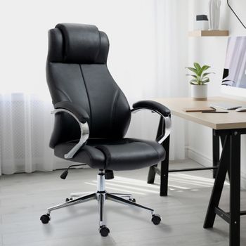 Silla de oficina giratoria regulable en cuero auténtico negro
