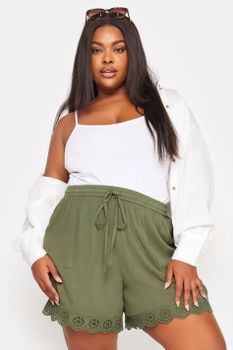 Yours Pantalones Cortos Caqui Con Puntilla Festoneada, Mujer Curvy Y Tallas Grandes, Yours