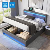 cama contenedor 140 x 200 cm con cabecero - tomas usb y led - cuero pu - somier de laminas - gris sin colchon