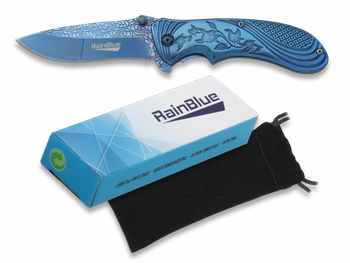 Navaja Fantasía Rainblue con mango de aluminio recubierto de titanio Flores, hoja de acero inoxidable de 8 cm. Incluye funda de terciopelo y caja de presentación 18021