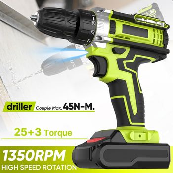 Taladro percutor inalámbrico de 1350 RPM, destornillador eléctrico, taladro eléctrico inalámbrico, herramientas eléctricas de 2 velocidades con 2 baterías