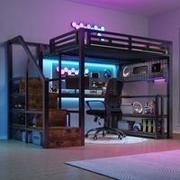 cama alta 140 x 200 cm con escritorio estante - estructura de hierro - leds 2 puertos usb y 1 puerto tipo c - negro colchon no incluido