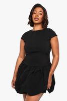 vestido plus mini de bengalina con mangas casquillo y forma de globo negro