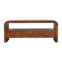 mueble multimedia darcy de madera maciza estilo artesanal con 3 cajones color castano