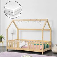 cama para ninos de madera pino sisimiut con colchon ortopedico - 70 x 140 cm - cama infantil con reja protectora - forma de casa - casita - pino natural encasa