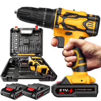 Taladro Inalámbrico 42N.m 21V, Juego 3 en 1, Destornillador Eléctrico, Taladro Percutor, 25+3 Torques, 2 Velocidades, 1500 RPM, para Bricolaje en Casa