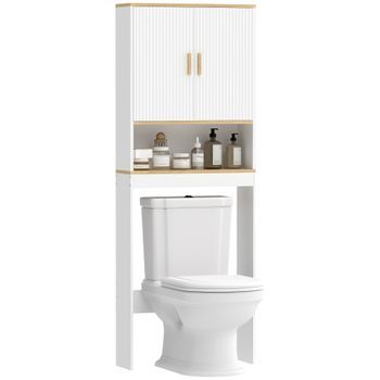 Mueble Auxiliar De Baño Sobre Inodoro De Melamina Con Armario Y Estante Ajustable, Homcom, 64 X 20 X 170,5 Cm – Blanco Y Roble