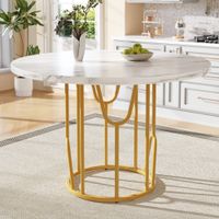 mesa de comedor redonda con efecto marmol blanco