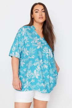 Yours Blusa Viscosa Azul Y Blanca De Flores, Mujer Curvy Y Tallas Grandes, Yours