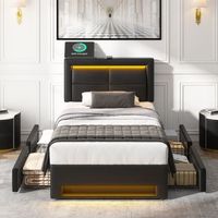 cama tapizada individual 90x190 cm con iluminacion led puertos usb y 4 cajones sin colchon similicuir negro
