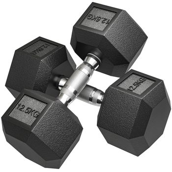 HOMCOM Set de 2 Mancuernas Hexagonales de 2 x 12,5 kg de Hierro Fundido Recubiertas en Goma para Entrenamiento en Casa Gimnasio