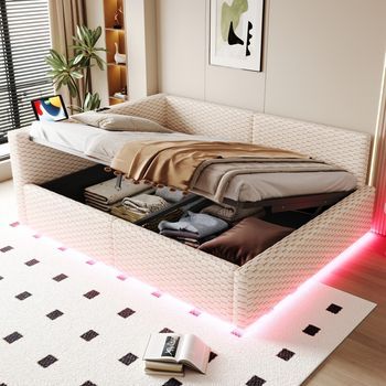 Cama De 140 X 200 Cm Con Iluminación Led, 2 Puertos Usb, Respaldo En L De Suave Tejido De Terciopelo Y Estructura Hidráulica En Color Beige