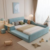cama doble tapizada para ninos con escritorio y taburete almacenamiento integrado cabecero de terciopelo azul somier de lamas 140x200cm