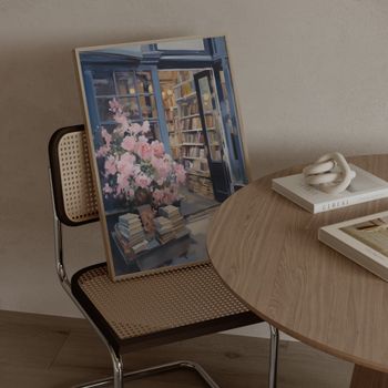 Cuadro libreria azul, marco premium chapado en roble, 30x40 cm