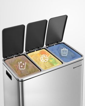 Cubo de basura de 3 compartimentos de acero inoxidable plata y negro