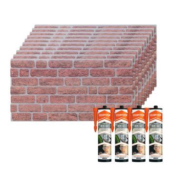 Set De 10 Paneles Decorativos Efecto Ladrillo Clásico En Eps + 4 Botes De Adhesivo De Montaje