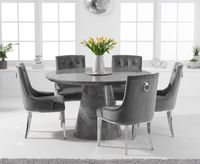 ravello 130cm round grey marble dining table with talia velvet chairs - grey 4 chairs