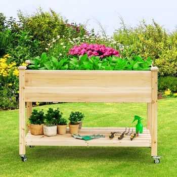 Cama De Jardín Elevada Madera Con Ruedas Bloqueables Estante Forro Protector Caja Cultivo Flores Vegetales Hierbas Natural Cfw37903