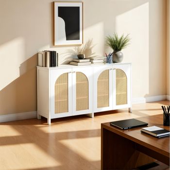 Elegante aparador en ratán blanco de 4 puertas
