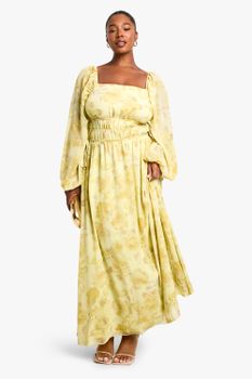 Vestido Plus Maxi Elástico Con Cuello Cuadrado, Amarillo