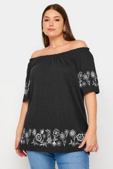 Yours Top Bardot Negro Con Detalles Bordados, Mujer Curvy Y Tallas Grandes, Yours