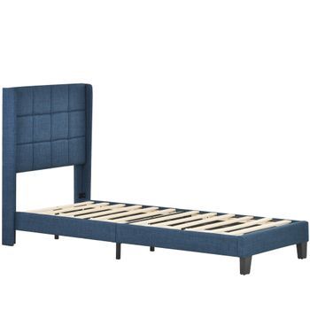 Cama Individual Con Cabecera Acolchada Y Somier, Diseño Moderno, 90x200 Cm, Color Azul Lino, Estructura De Madera Y Acero, Base De Listones Elasticos, Sin Necesidad De Boxspring, Max. Peso 100 Kg, Fácil Montaje