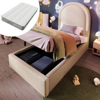 Cama Tapizada Simple Para Niño Con Motivo Cósmico, Beige, 90x200 Cm Con Colchón