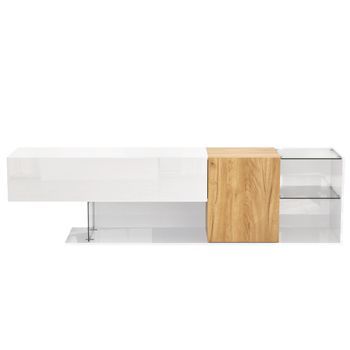 Mueble Tv Blanco De 180 Cm Con Acabado Madera Y Estantes De Cristal