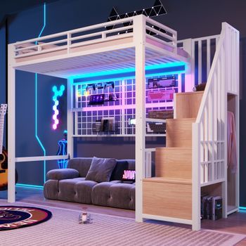 Cama Alta 90 X 200 Cm Estructura Metálica Con Armario Escalera De Almacenamiento Barandilla Y Luces Led Blanco