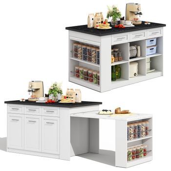 Isla De Cocina Multifuncional Con Mesa De Comedor Extensible Y Cajones, 150x90x90 Cm, Madera Efecto Mármol, Blanco Y Negro