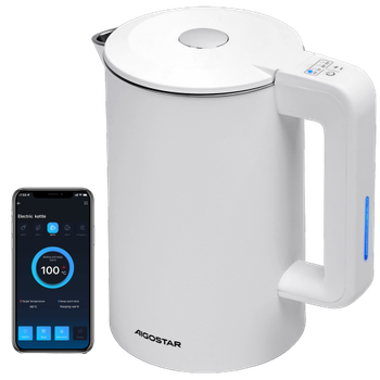 Aigostar Benjamin - Inteligente Hervidor de Agua Temperatura Regulable de 40°C a 100°C , Conexión Wi-Fi, Alexa y Google Home. Doble Pared de Acero Inoxidable, 2200W, 1,7L, Mantener Caliente 24 hora, Blanco