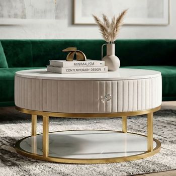 Mesa de centro de metal dorado, tela beige y madera blanca ø cm 75x36