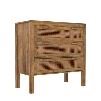 Cómoda de madera de mango y caña con 3 cajones