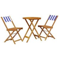 juego de bistro de 3 uds  conjunto mueble jardin mesa y sillas tela y madera maciza azul y blanco