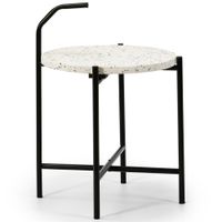 mesa auxiliar redonda de terrazo blanco y patas de metal negro