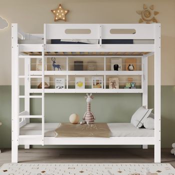 Literas 2 X 90 X 200 Cm Con Escalera Y Estante Abierto - Pino + Mdf - Blanco