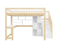 cama alta 140x200 cm - con luces led estanteria escritorio sin colchon - blanconatural