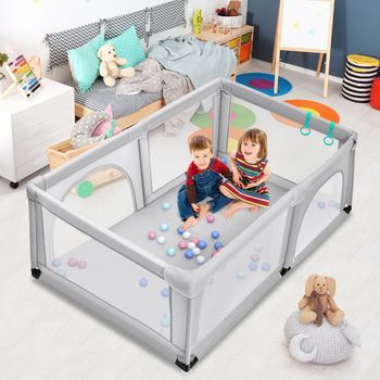 Centro Actividad Portátil Y Seguro Para Niños Parque Con Cerca Red Transpirable Y Cremallera 120 X 190 X 69 Cm Gris Claro