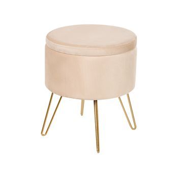 Puf Con Espacio De Almacenaje Otomana Tapizado En Terciopelo Patas De Metal Doradas 42 X 42 X 44 Cm Beige Claro Silas