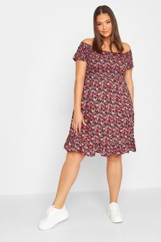 Yours Vestido Corto Bardot De Flores Rosas, Mujer Curvy Y Tallas Grandes, Yours