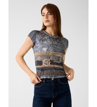 Guess para mujer. W6RI05KCCG0 Camiseta estampada negro (XS), Casual, Poliéster, Manga corta