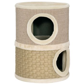 PawHut Barril Rascador para Gatos de 2 Niveles Altura 49 cm Tonel de Escalada con Cama Cubierto de Sisal Caqui y Café