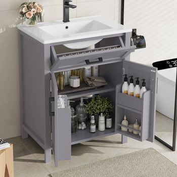 Mueble De Baño Con Lavabo - Mueble De Suelo - Mdf Y Cerámica - Gris (60x46x84.8cm)