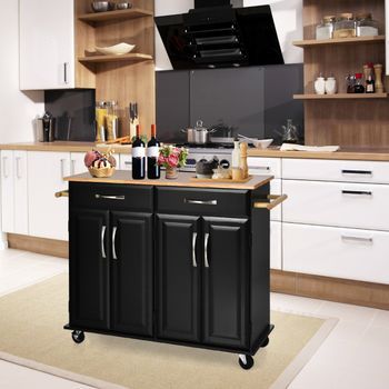 Carro Rodante Isla De Cocina Con Encimera De Madera Estantes Ajustables 2 Cajones Grandes Negro 122 X 48 X 92,5 Cm