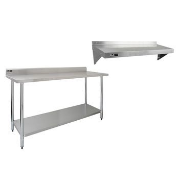 Banco De Catering De Acero Inoxidable De 180cm Y 2 Estantes Montados En La Pared